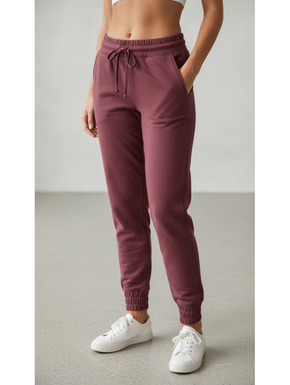 Maroon Elastic Waist Jogger Pants with Drawstring and Side Pockets, Size L